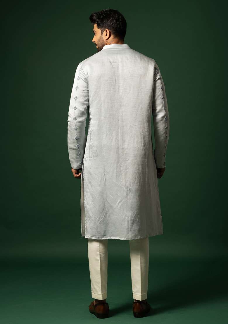 Harbor Grey Embroidered Linen Kurta Set For Men - Indya