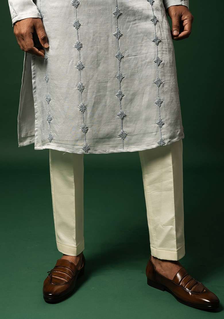Harbor Grey Embroidered Linen Kurta Set For Men - Indya