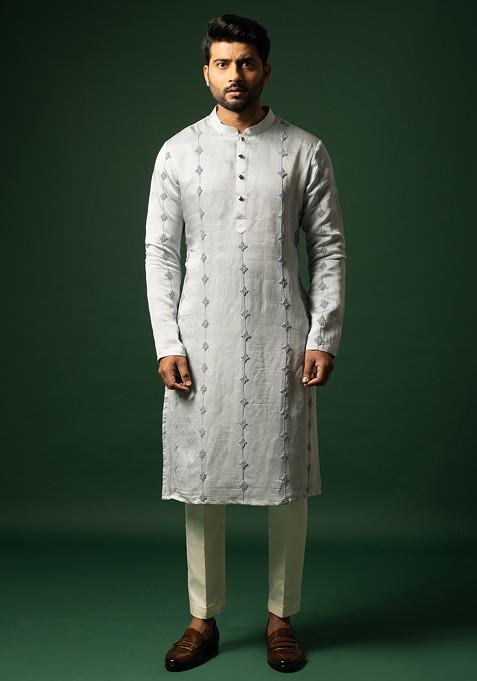 Harbor Grey Embroidered Linen Kurta Set For Men