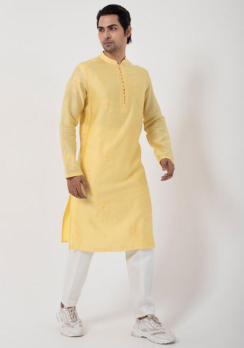 Yellow Hand Embroidered Chanderi Kurta Set For Men