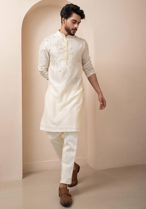 Ivory Hand Embroidered Chanderi Kurta Set For Men