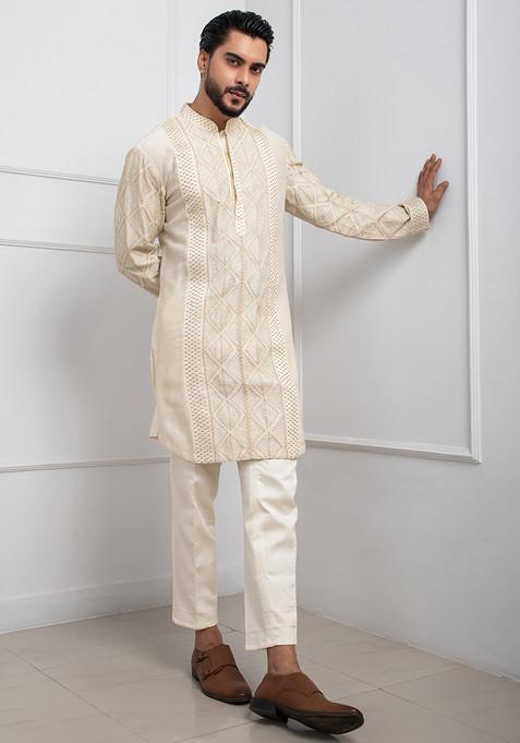 Ivory Hand Embroidered Chanderi Kurta Set For Men