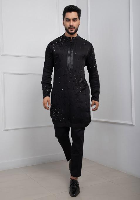 Black Hand Embroidered Silk Kurta Set For Men