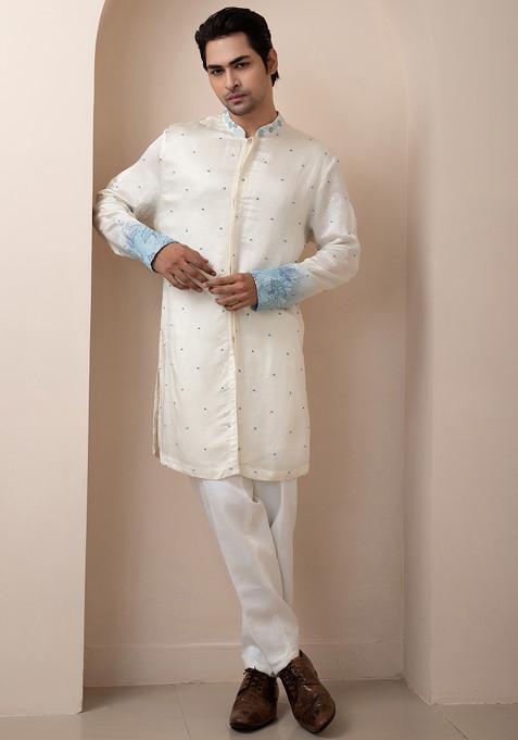 Multicolour Hand Embroidered Linen Satin Kurta Set For Men