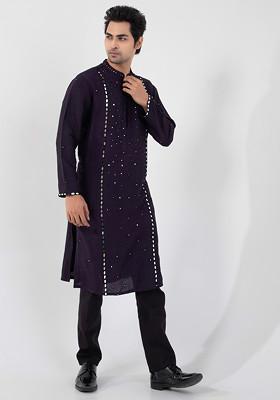 Purple Embroidered Silk Kurta Set For Men
