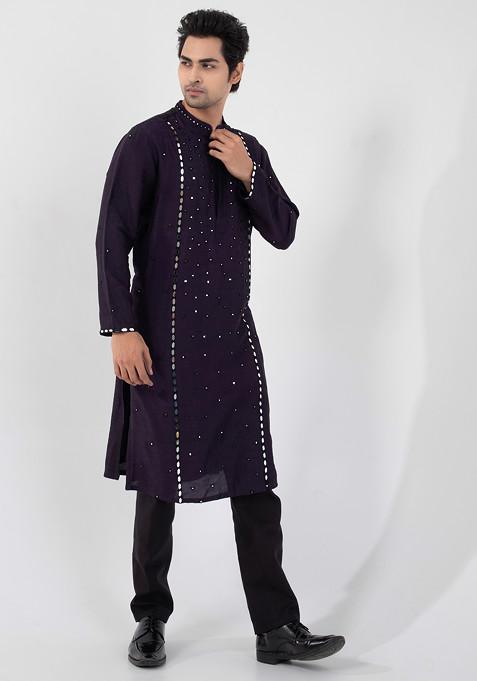 Purple Embroidered Silk Kurta Set For Men