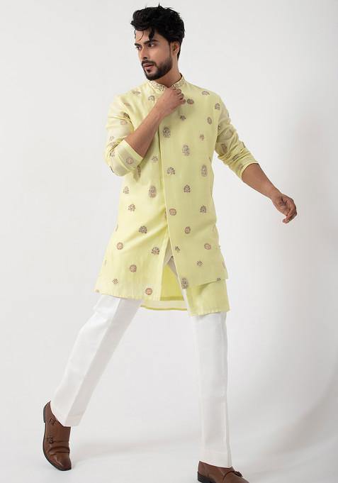 Light Green Hand Embroidered Silk Kurta Set For Men