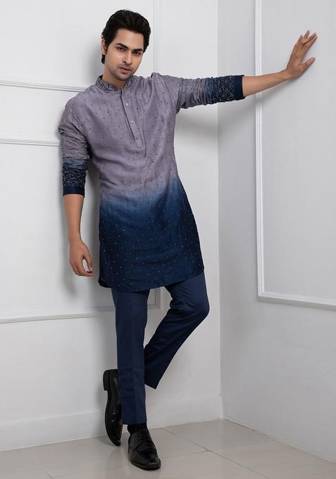 Multicolour Hand Embroidered Silk Kurta Set For Men