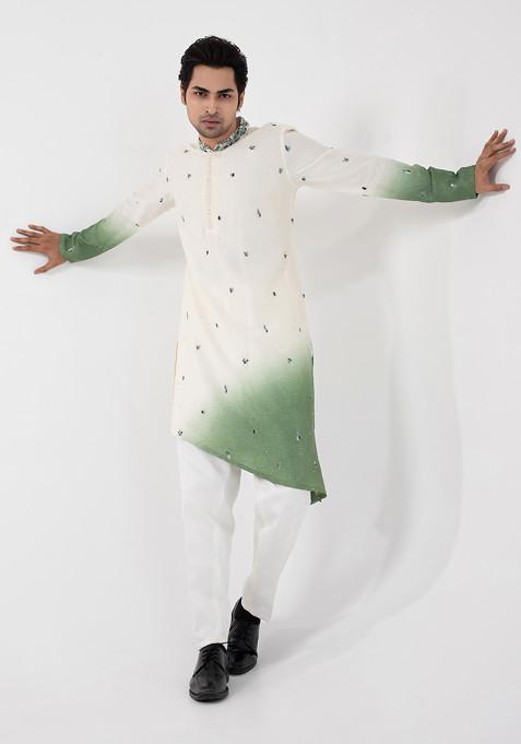 Multicolour Hand Embroidered Silk Kurta Set For Men