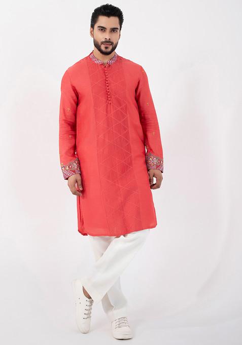 Orange Hand Embroidered Silk Kurta Set For Men