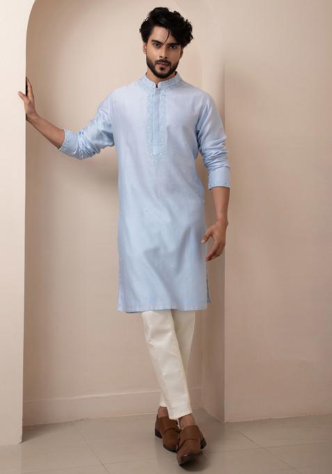 Blue Hand Embroidered Chanderi Kurta Set For Men