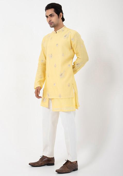 Yellow Hand Embroidered Chanderi Kurta Set For Men