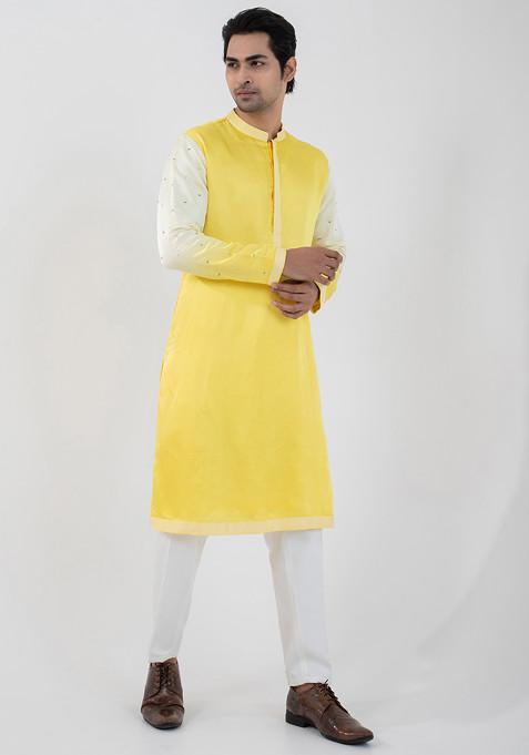 Yellow Hand Embroidered Linen Satin Kurta Set For Men