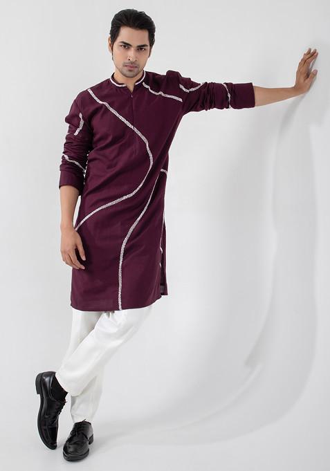 Maroon Hand Embroidered Khadi Cotton Kurta Set For Men