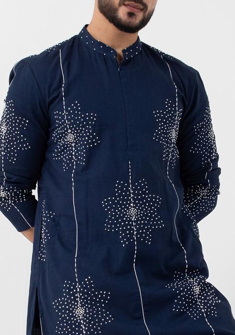 Blue Hand Embroidered Khadi Cotton Kurta Set For Men