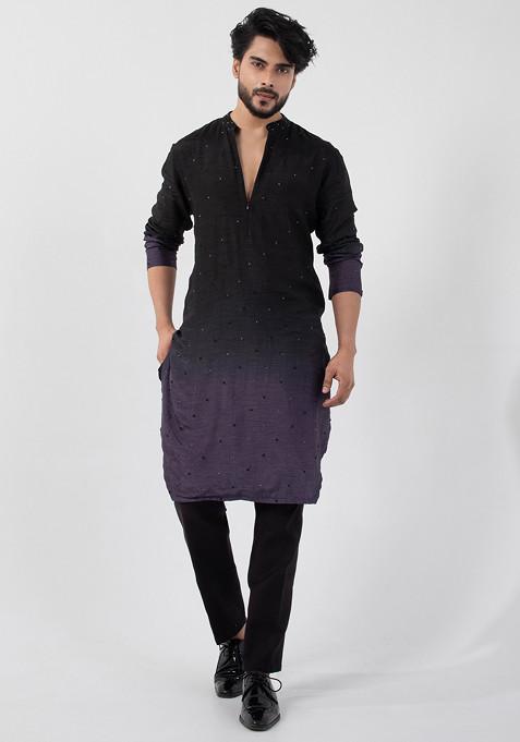 Multicolour Hand Embroidered Silk Kurta Set For Men