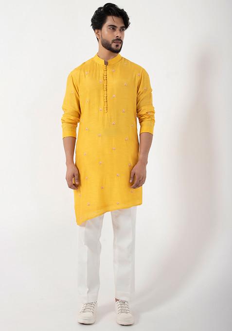 Yellow Hand Embroidered Silk Kurta Set For Men