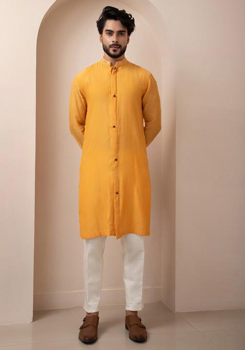 Yellow Hand Embroidered Chanderi Kurta Set For Men