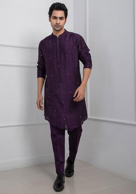 Purple Hand Embroidered Silk Kurta Set For Men