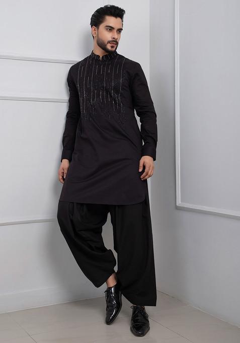 Black Hand Embroidered Suiting Kurta Set For Men