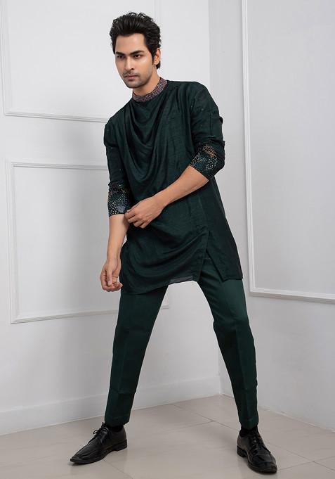 Green Hand Embroidered Silk Kurta Set For Men