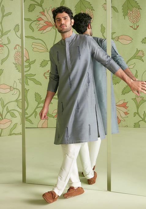 Grey Embroidered Cotton Kurta Set For Men