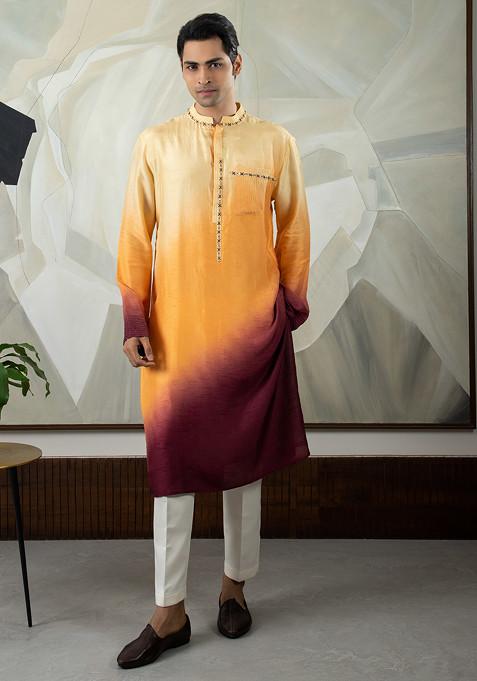 Brown Hand Embroidered Silk Kurta Set For Men