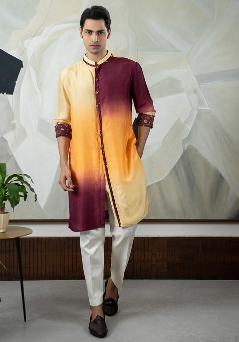 Brown Hand Embroidered Silk Kurta Set For Men