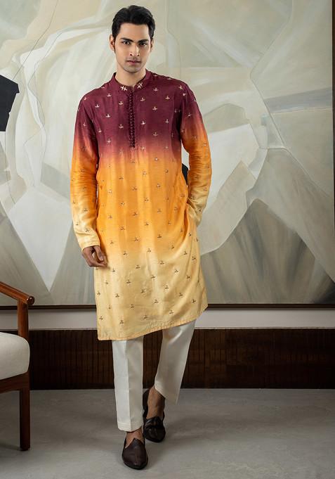 Brown Hand Embroidered Silk Kurta Set For Men