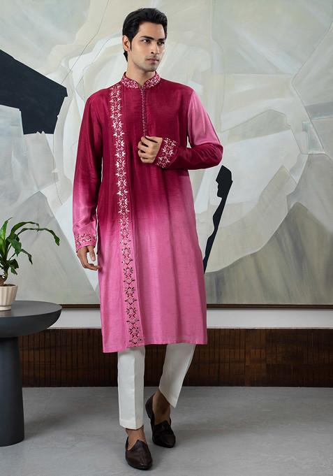 Maroon Embroidered Silk Kurta Set For Men