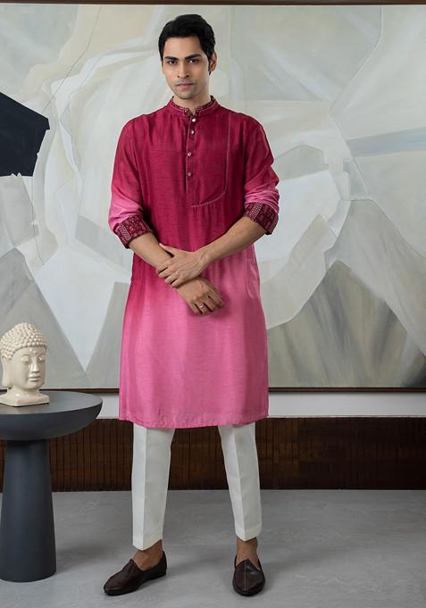 Maroon Embroidered Silk Kurta Set For Men