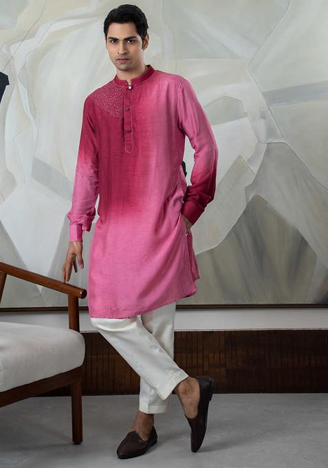 Maroon Hand Embroidered Silk Kurta Set For Men