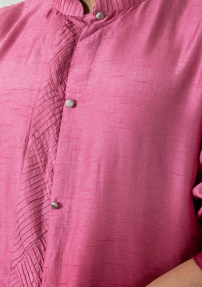 Maroon Hand Embroidered Silk Kurta Set For Men - Indya