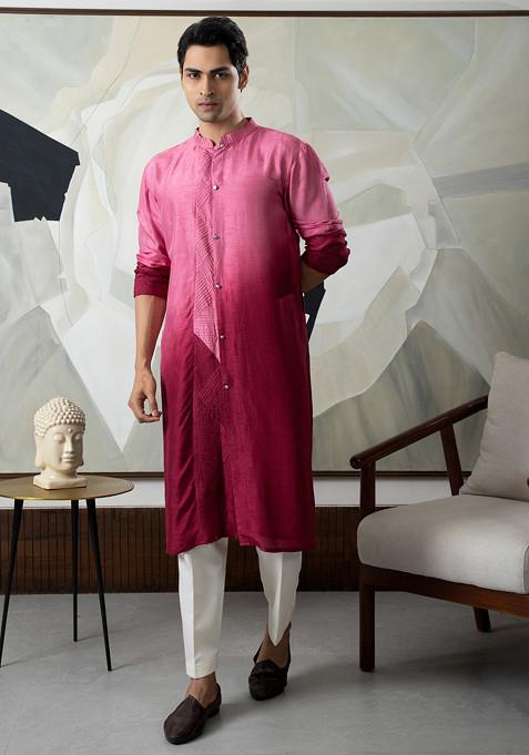 Maroon Hand Embroidered Silk Kurta Set For Men