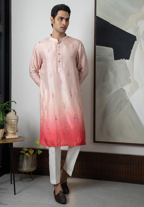 Peach Embroidered Silk Kurta Set For Men