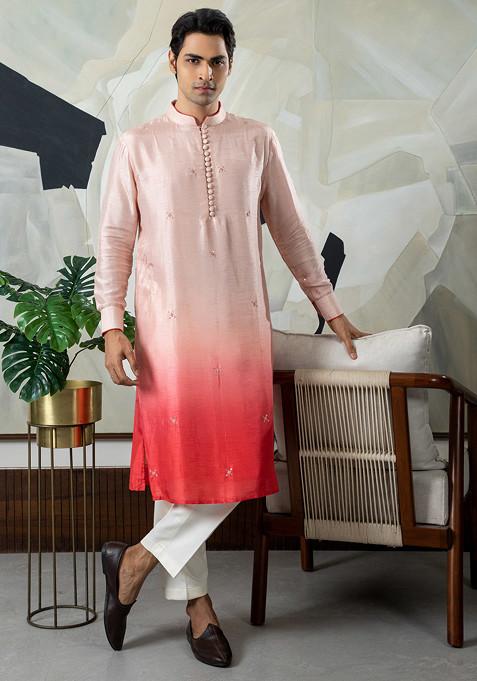 Peach Hand Embroidered Silk Kurta Set For Men