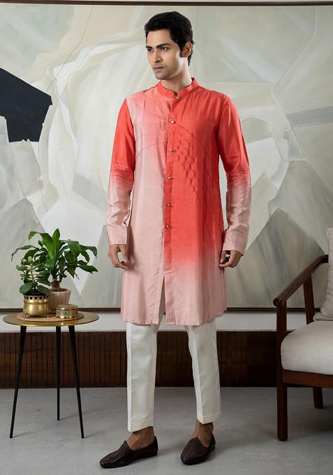 Peach Hand Embroidered Silk Kurta Set For Men