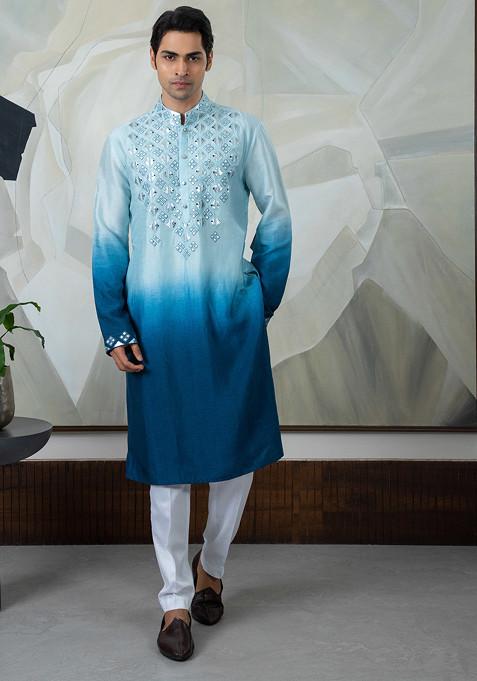 Blue Hand Embroidered Silk Kurta Set For Men