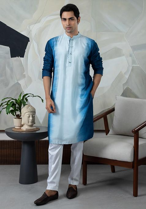 Blue Embroidered Silk Kurta Set For Men