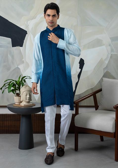 Blue Embroidered Silk Kurta Set For Men