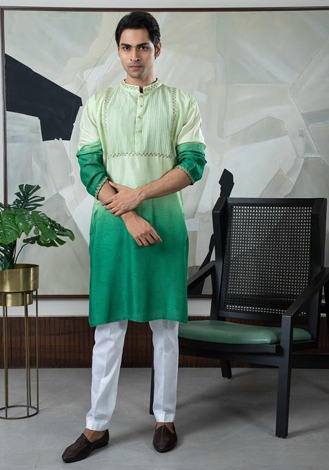 Green Hand Embroidered Silk Kurta Set For Men