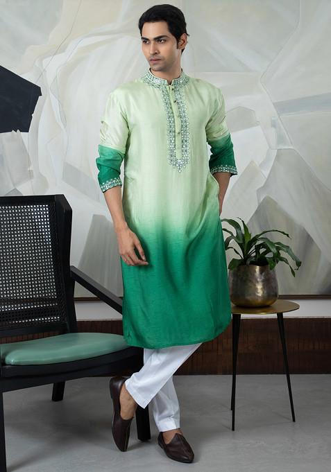 Green Embroidered Silk Kurta Set For Men