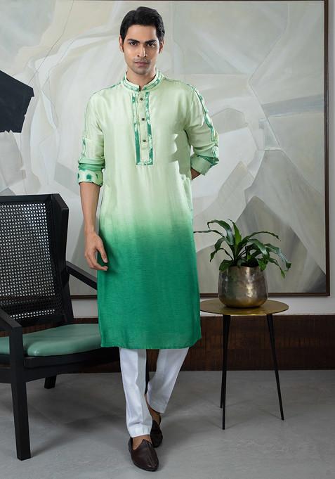 Green Embroidered Silk Kurta Set For Men