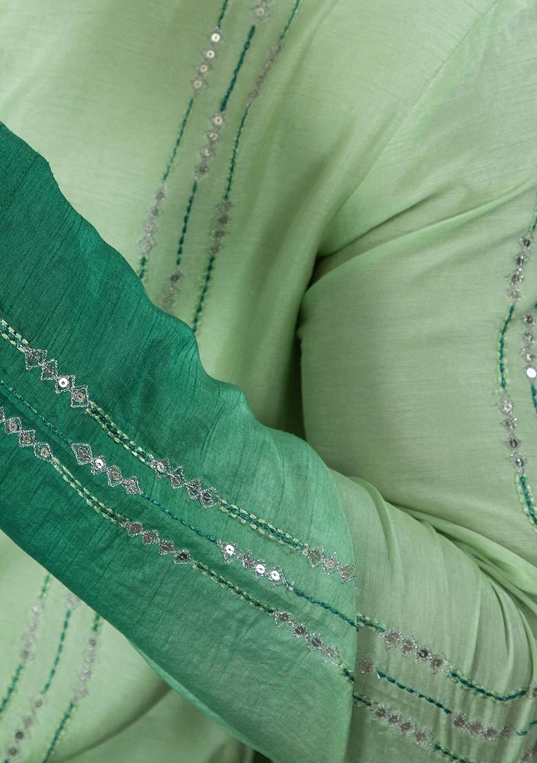 Green Embroidered Silk Kurta Set For Men - Indya