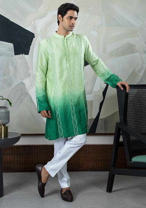 Green Embroidered Silk Kurta Set For Men