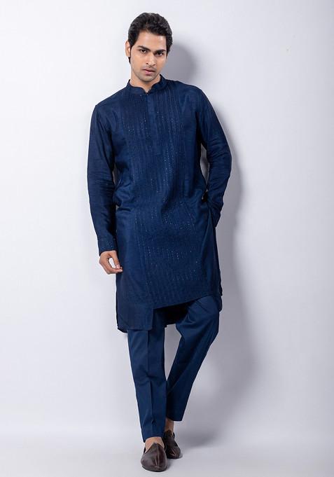 Navy Blue Hand Embroidered Silk Kurta Set For Men