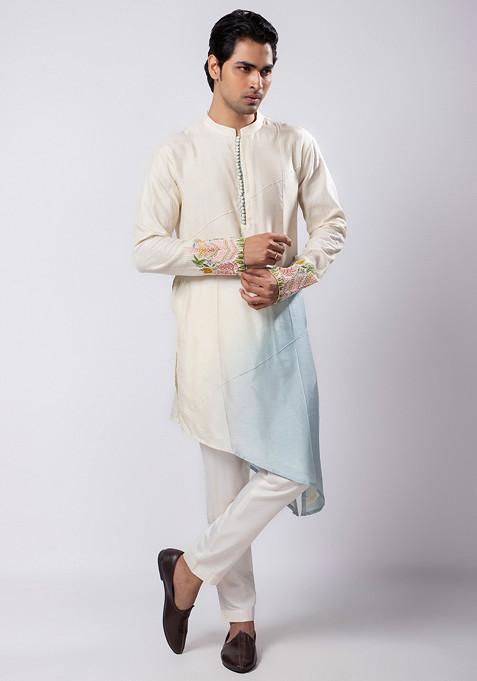 Multicolour Hand Embroidered Silk Kurta Set For Men