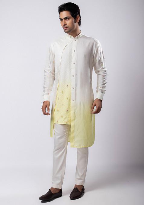 Yellow Embroidered Silk Kurta Set For Men