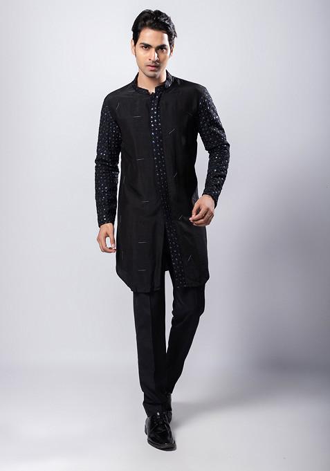 Black Hand Embroidered Silk Kurta Set For Men