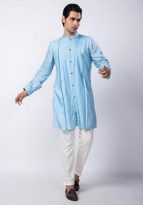 Light Blue Embroidered Silk Kurta Set For Men